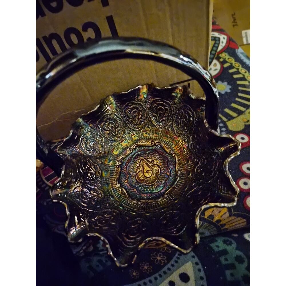 Vintage Fenton Persian Medallion Carnival Glass Basket With Ruffled Rim And...